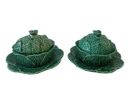 Pair Majolica Covered Tureens Green Cabbage , by Sarreguemines