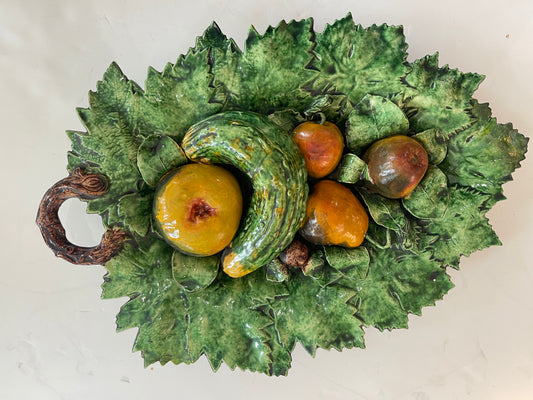 Antique Portuguese Palissy Leaf & Fruit Dish, By Bordallo Pinheiro, 19Th C.