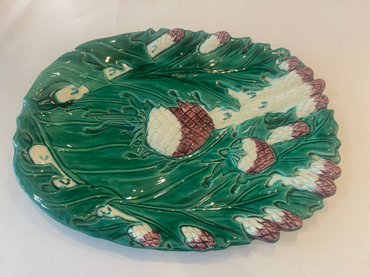 French Majolica Asparagus & Artichoke Barbotine Platter by Bavent, C. 1900