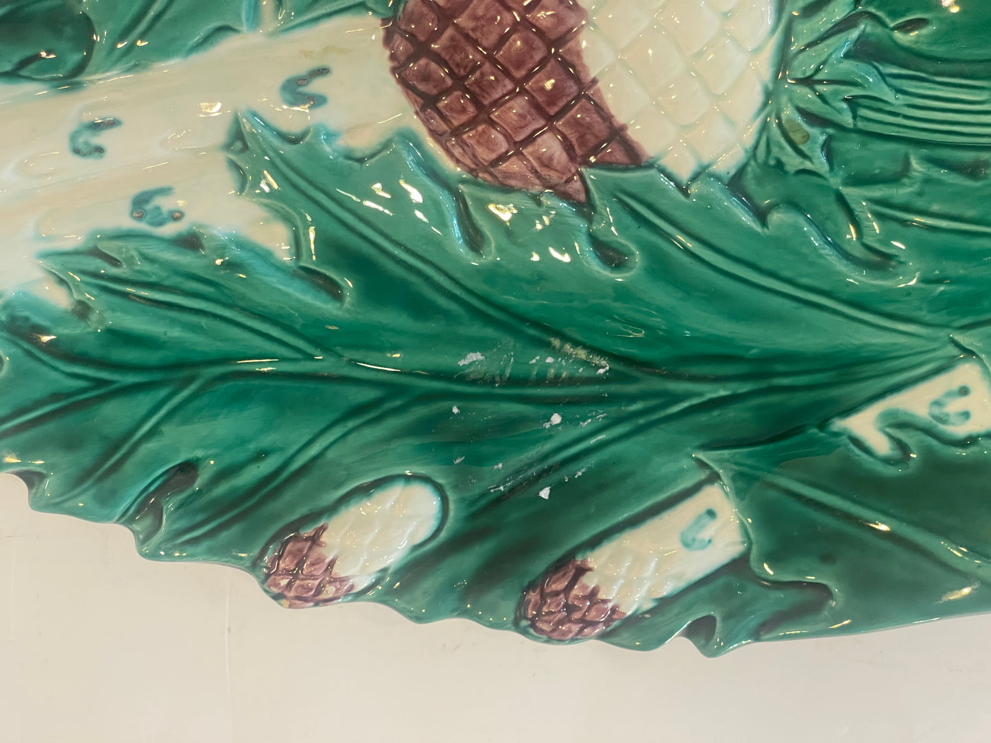 French Majolica Asparagus & Artichoke Barbotine Platter by Bavent, C. 1900
