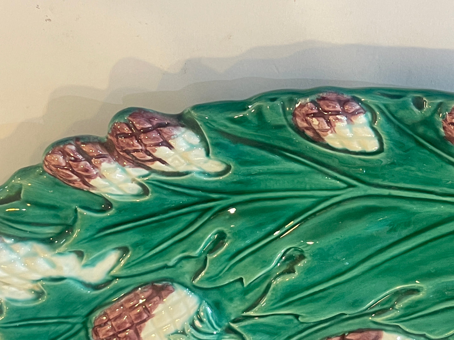 French Majolica Asparagus & Artichoke Barbotine Platter by Bavent, C. 1900
