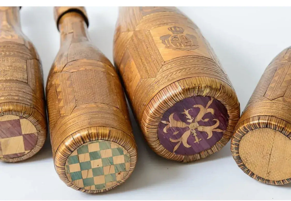 Napoleonic Collection of Straw Art on Glass Bottles, 18Th C. Set of 7
