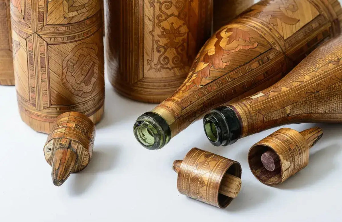 Napoleonic Collection of Straw Art on Glass Bottles, 18Th C. Set of 7