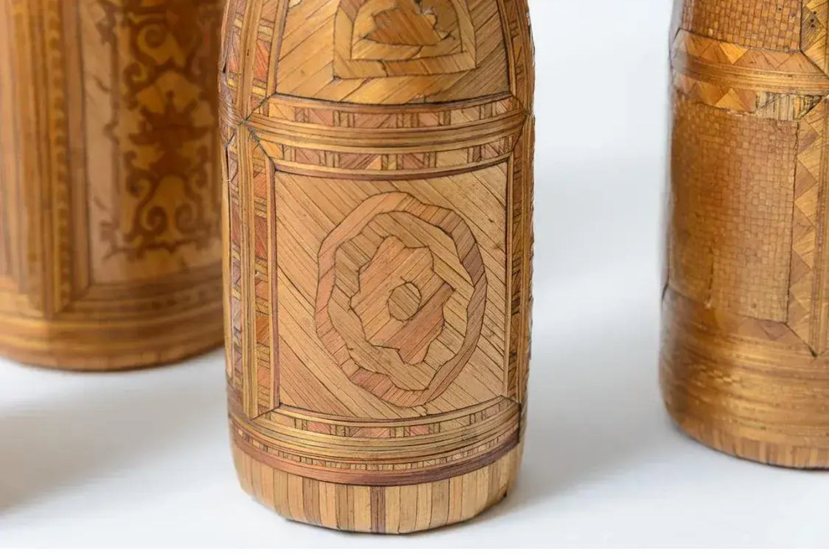 Napoleonic Collection of Straw Art on Glass Bottles, 18Th C. Set of 7