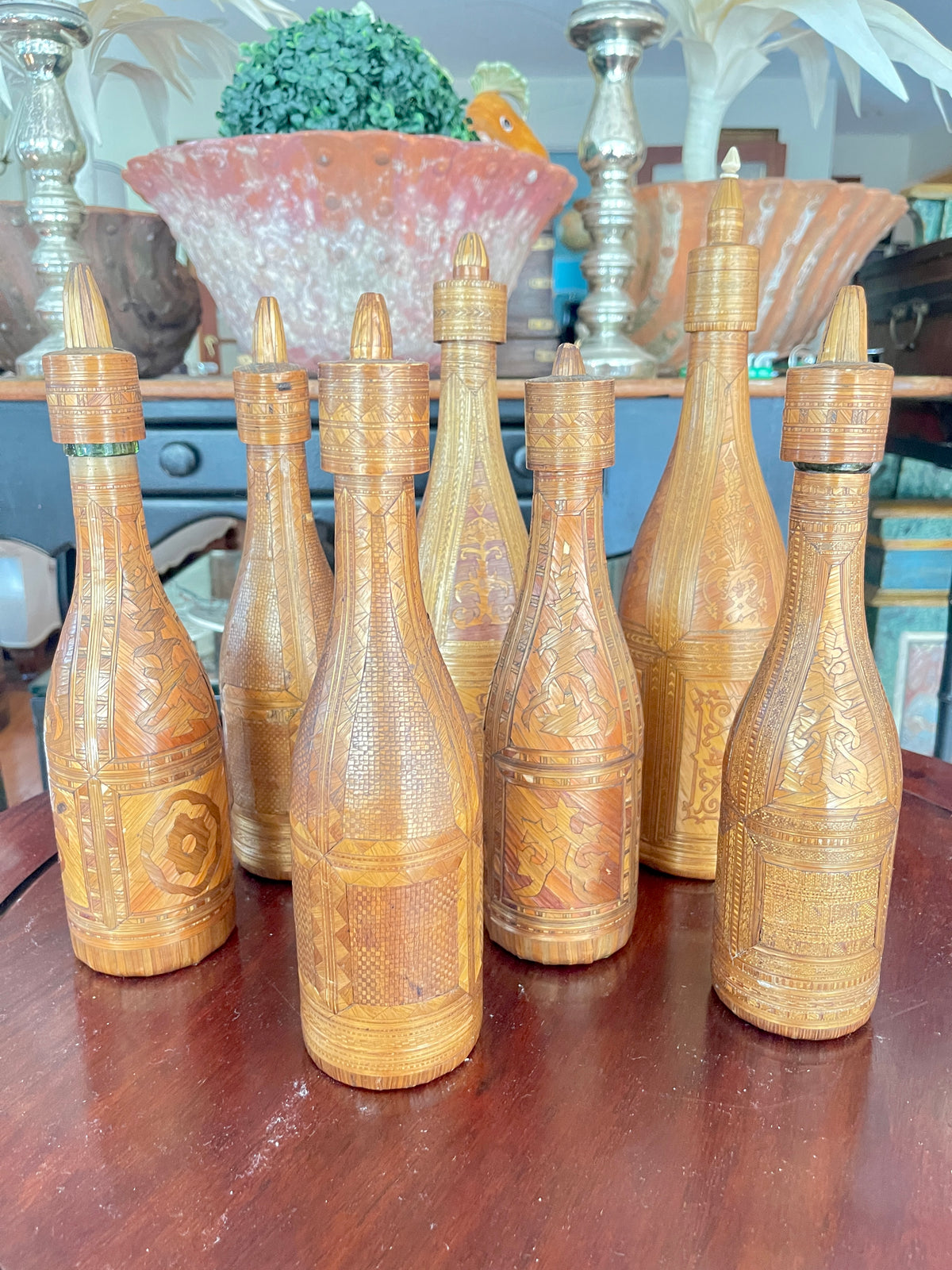 Napoleonic Collection of Straw Art on Glass Bottles, 18Th C. Set of 7