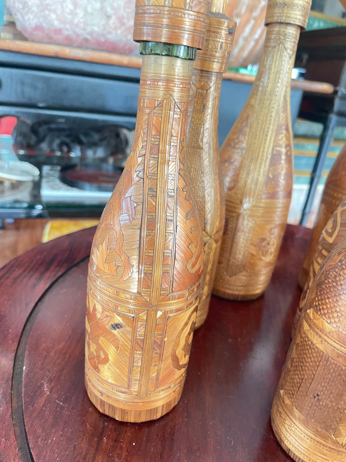 Napoleonic Collection of Straw Art on Glass Bottles, 18Th C. Set of 7