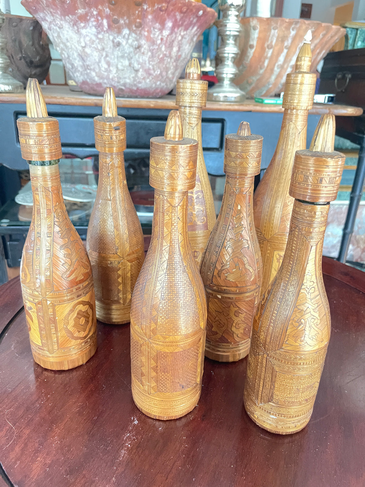 Napoleonic Collection of Straw Art on Glass Bottles, 18Th C. Set of 7