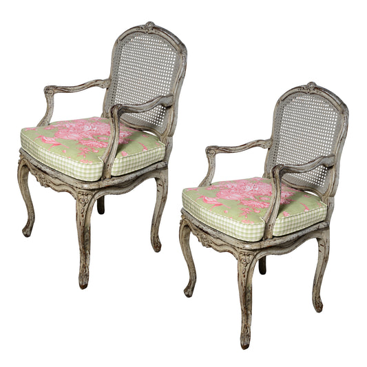 19th Century French Louis XV Style Painted Cane Armchairs a - Pair