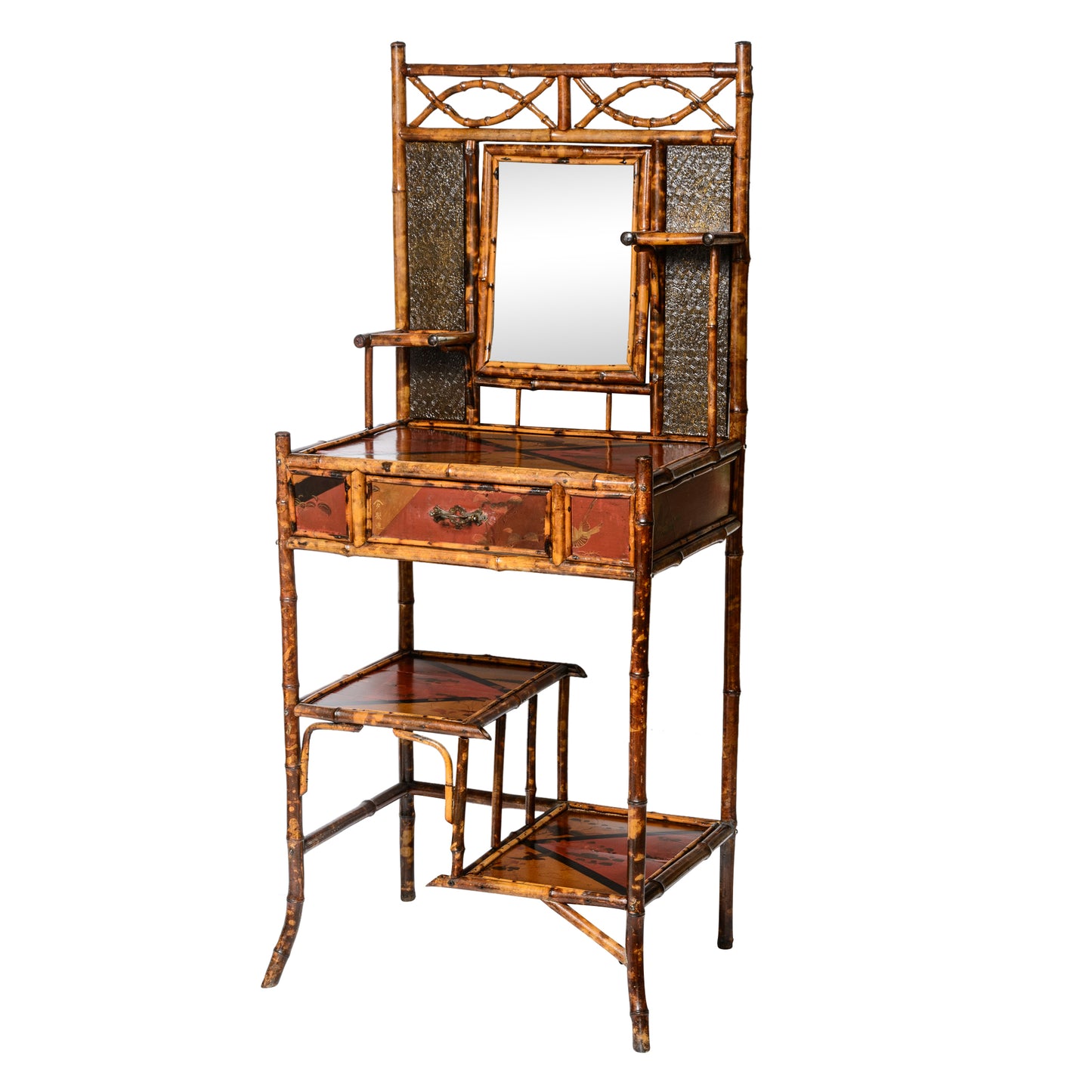 19Th. C. English Bamboo & Lacquered Chinoiserie Mirrored Hall Stand