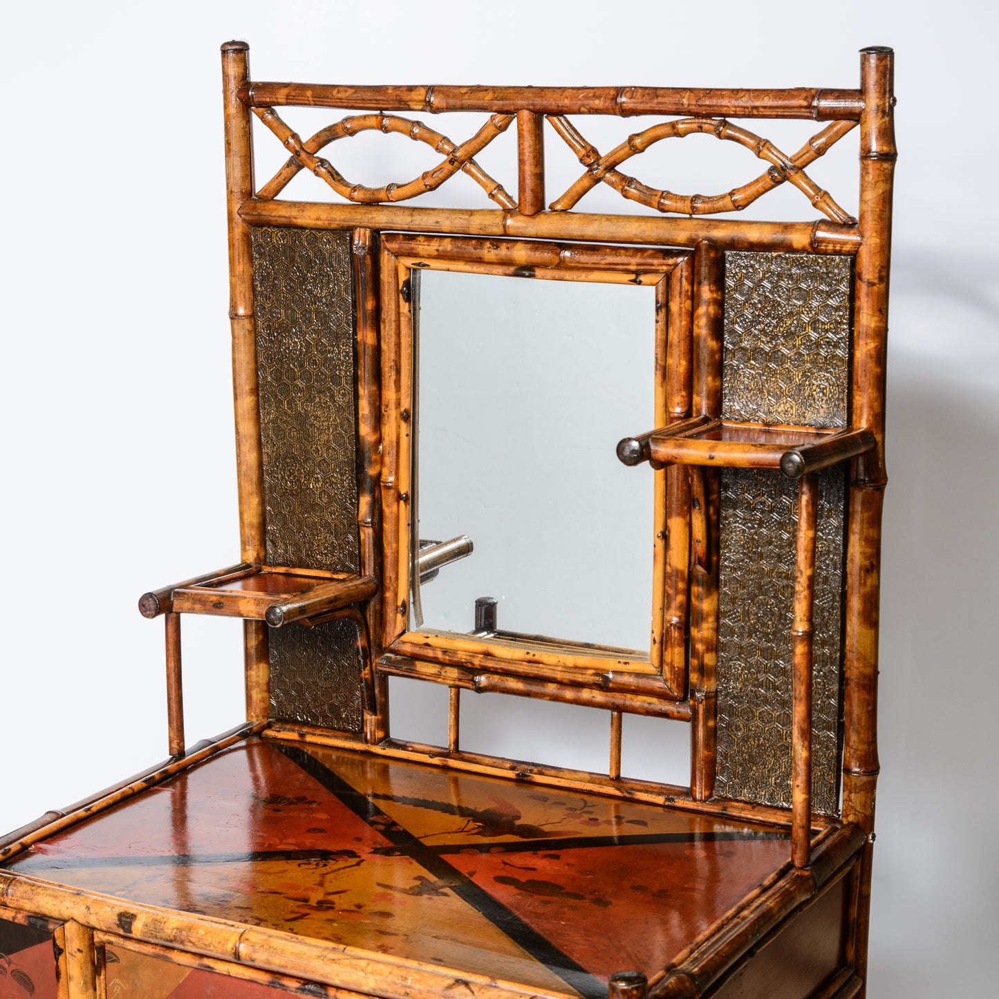 19Th. C. English Bamboo & Lacquered Chinoiserie Mirrored Hall Stand