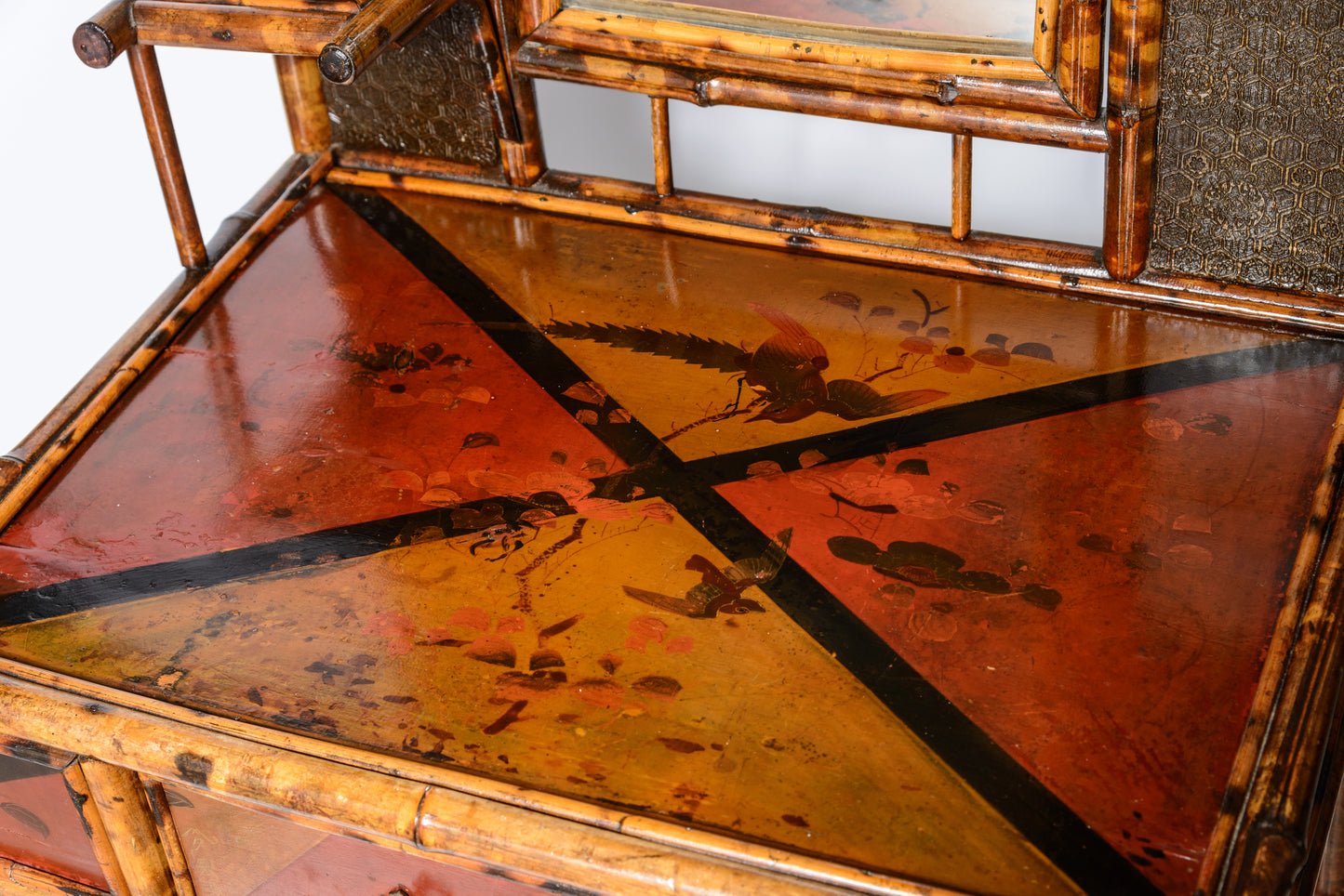 19Th. C. English Bamboo & Lacquered Chinoiserie Mirrored Hall Stand