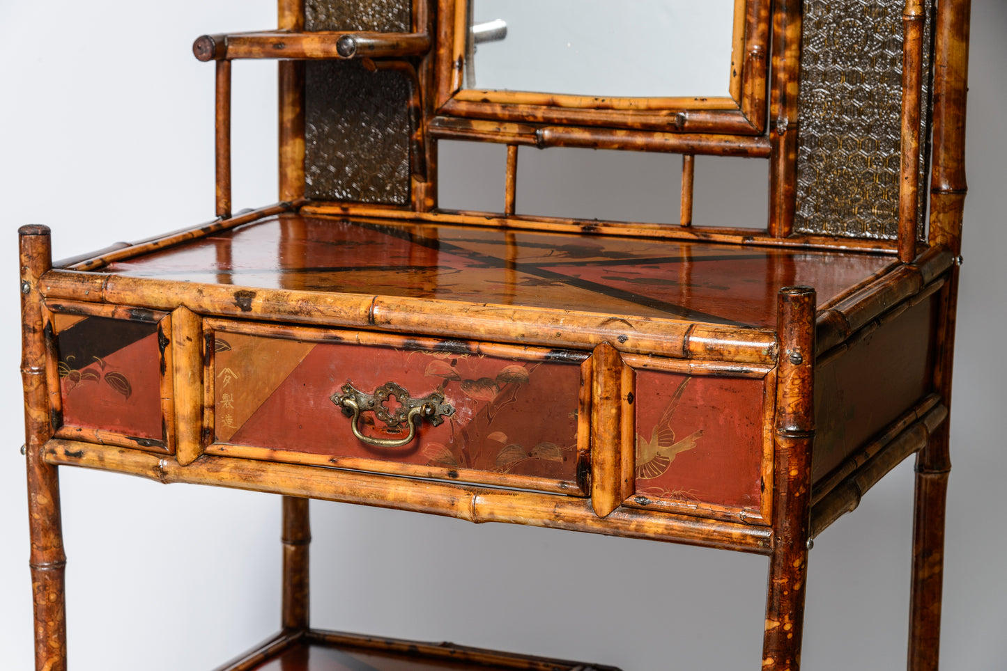 19Th. C. English Bamboo & Lacquered Chinoiserie Mirrored Hall Stand