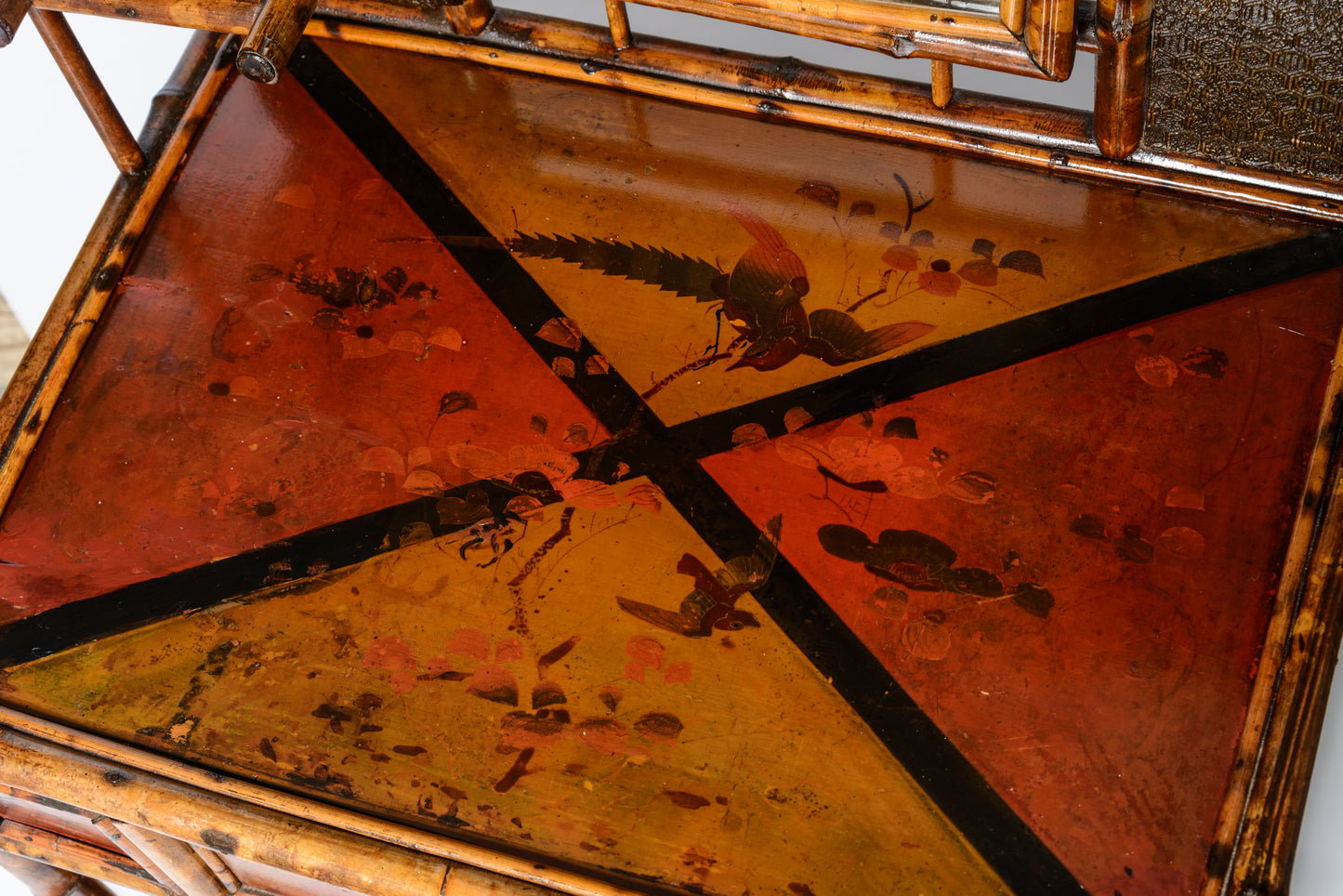 19Th. C. English Bamboo & Lacquered Chinoiserie Mirrored Hall Stand