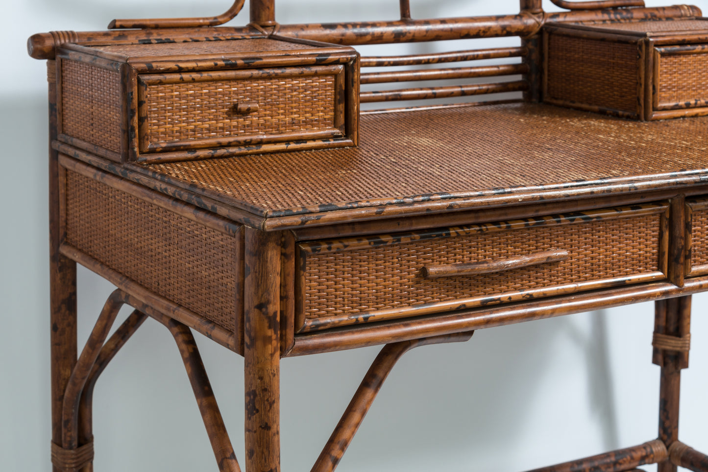 Pagoda Bamboo Writing Desk British Colonial Style  Grasscloth