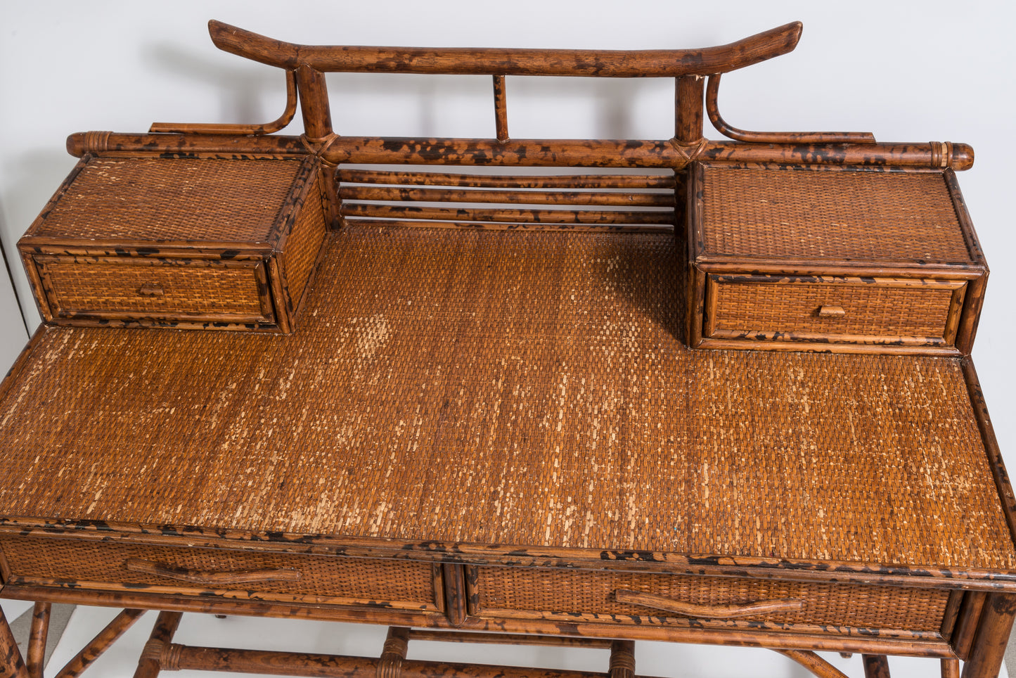 Pagoda Bamboo Writing Desk British Colonial Style  Grasscloth
