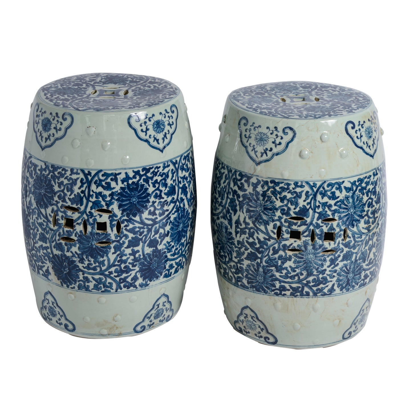 Pair of Blue and White Porcelain Chinese Oriental Drum Garden Seat