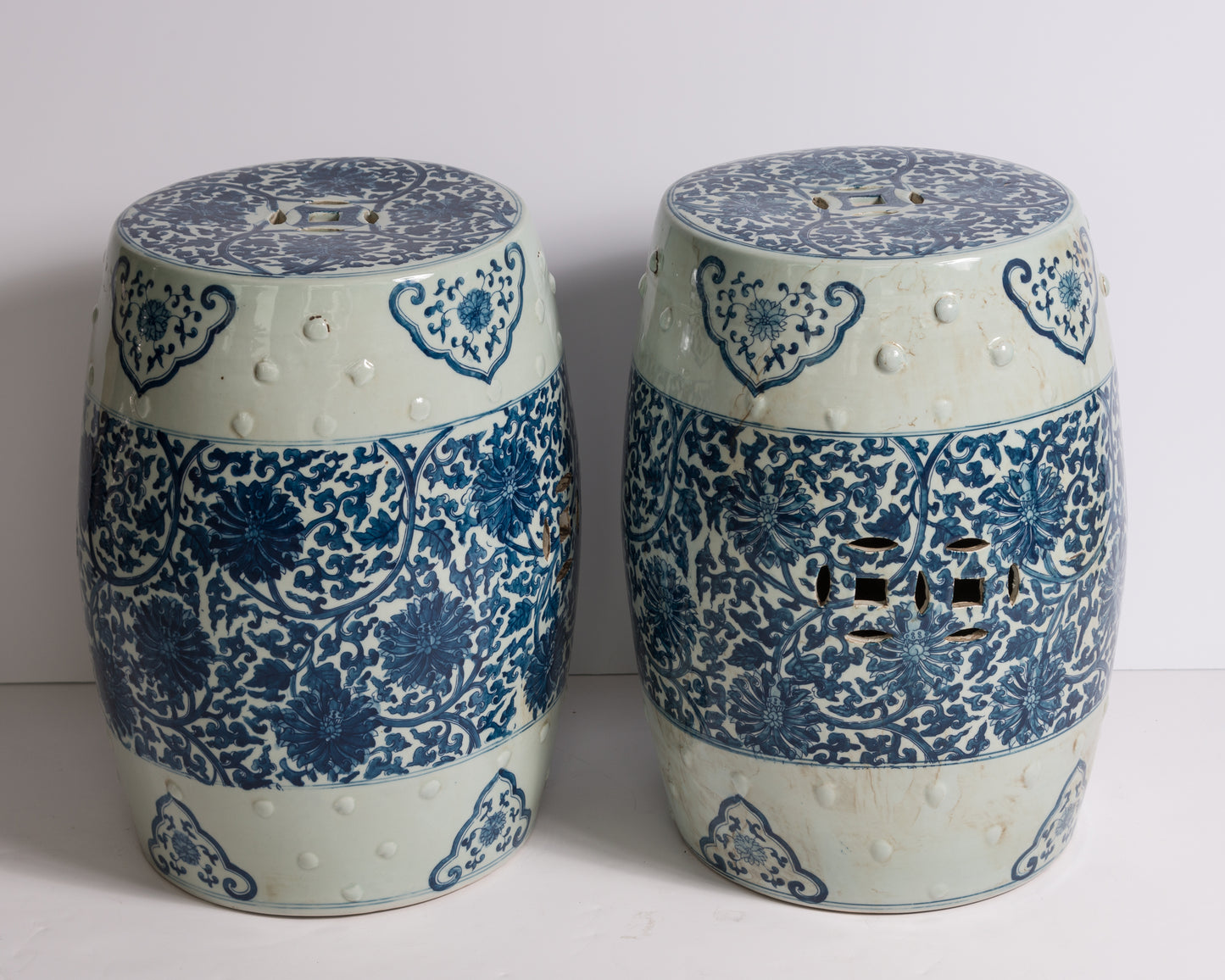 Pair of Blue and White Porcelain Chinese Oriental Drum Garden Seat