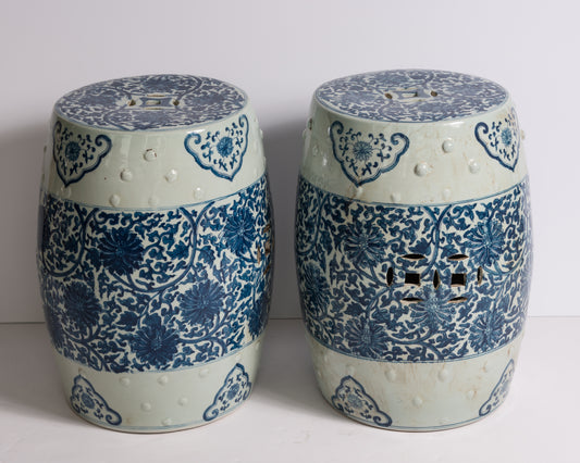 Pair of Blue and White Porcelain Chinese Oriental Drum Garden Seat