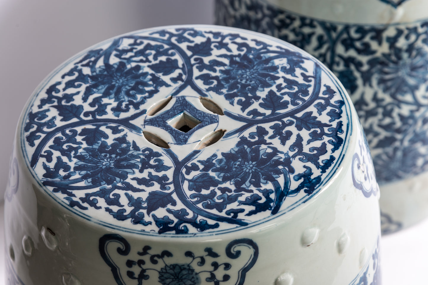 Pair of Blue and White Porcelain Chinese Oriental Drum Garden Seat