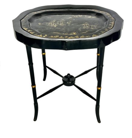 French Antique Papier Mache Large Serving Tray on Stand, C1880