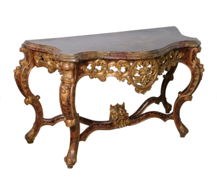 Antique Italian Baroque Faux Tortoiseshell & Gilt Wood Console Table