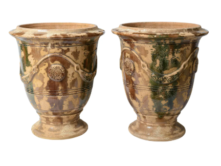 Antique French Glazed Terracotta Anduze Planters, Signed