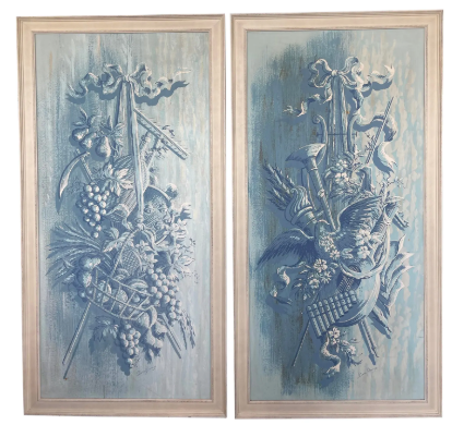 Pair Rare Italian Hand Painted Pastoral Panels, Harvest Time, Duane Perrigo