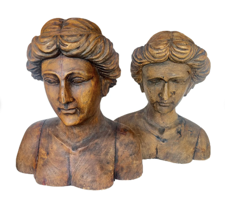 Pair Italian Large Hand Carved Wood Figureheads