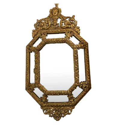 French Napoleon III Octogonal Repoussé Brass Mirror, 19Th. Century