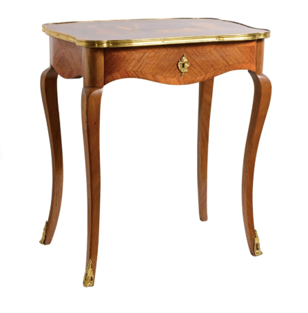 19Th C. French Brass Banded Marquetry Inlay Tea Table With Japanned Motif, C.1880